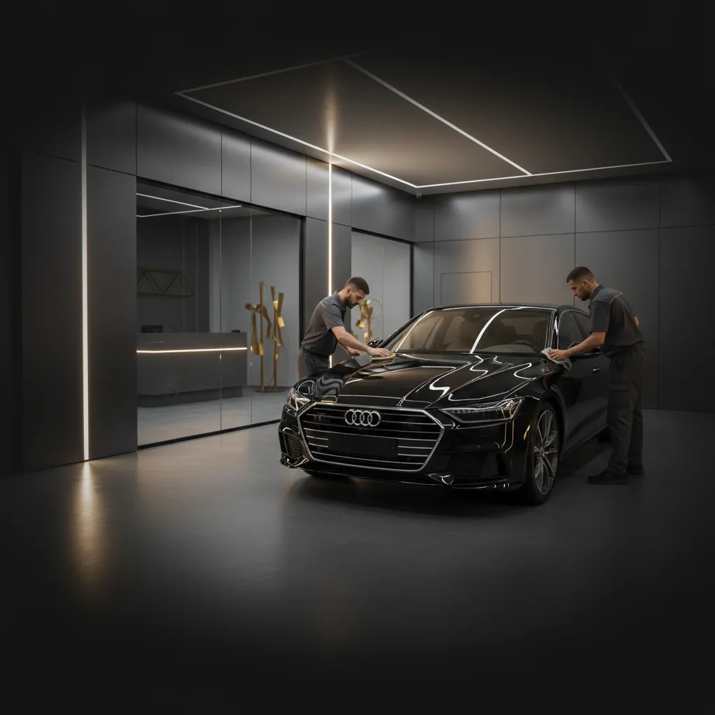 Professional ceramic coating application showing glossy reflective finish on a vehicle