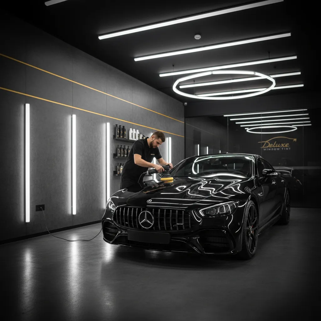 Professional auto detailing and paint correction being performed on a luxury vehicle