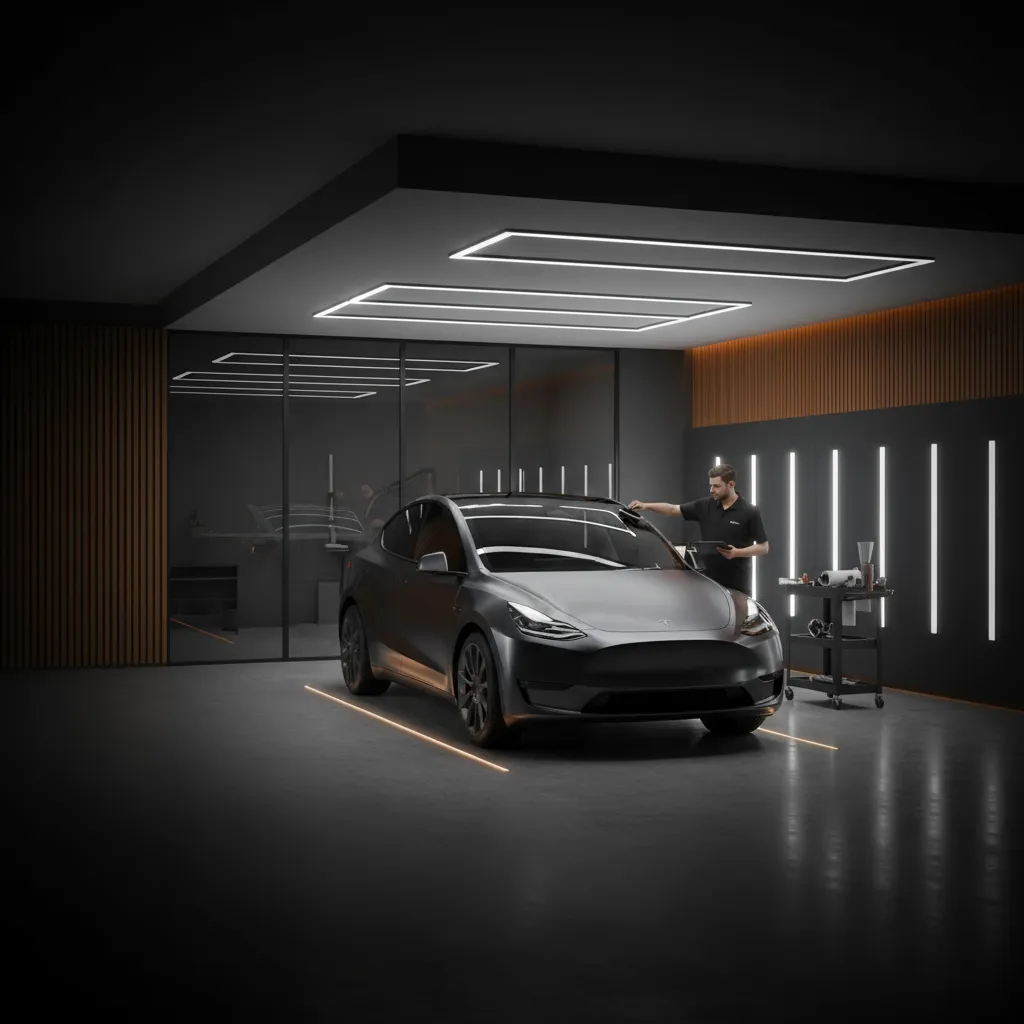 Tesla Model Y glass roof window tinting in a modern professional shop