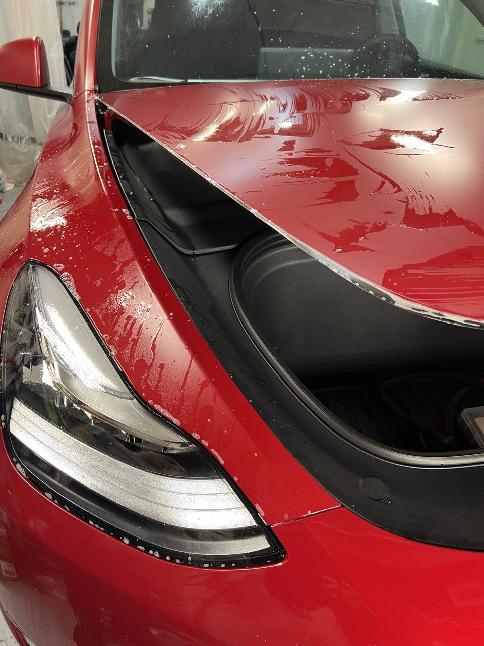 Red Tesla receiving paint protection film installation on the hood and front fender in Gold River.