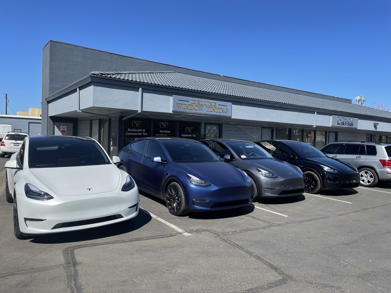 Row of Tesla cars with professional window tinting parked in front of Deluxe Window Tinting in Gold River.